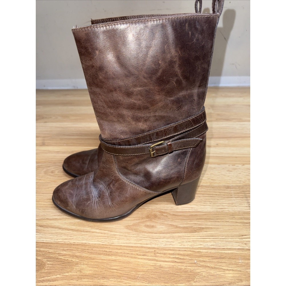 J. Crew Billie Brown Leather‎ Mid Calf Boots Womens Size 10 Pull on Buckle Belt